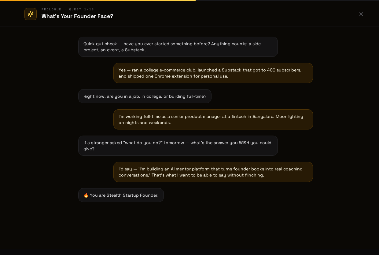Founder persona reveal after Quest 0